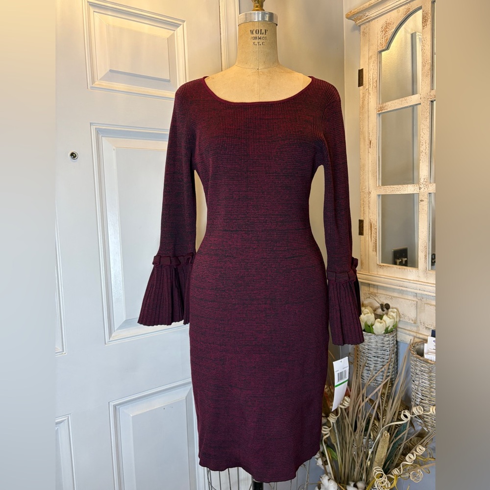 Nina Leonard Burgundy Knit Midi Bell‎ Sleeve Dress Figure Flattering NWT Large